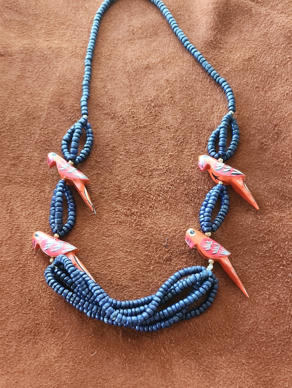 Vintage Bohemian Blue Beaded Necklace with Orange Parrot Accents Y2K